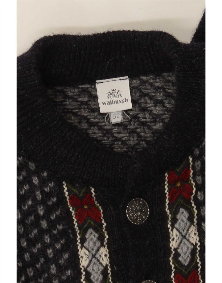 Walbusch Mens Button Neck Jumper Sweater EU 52 Large Navy Blue Geometric