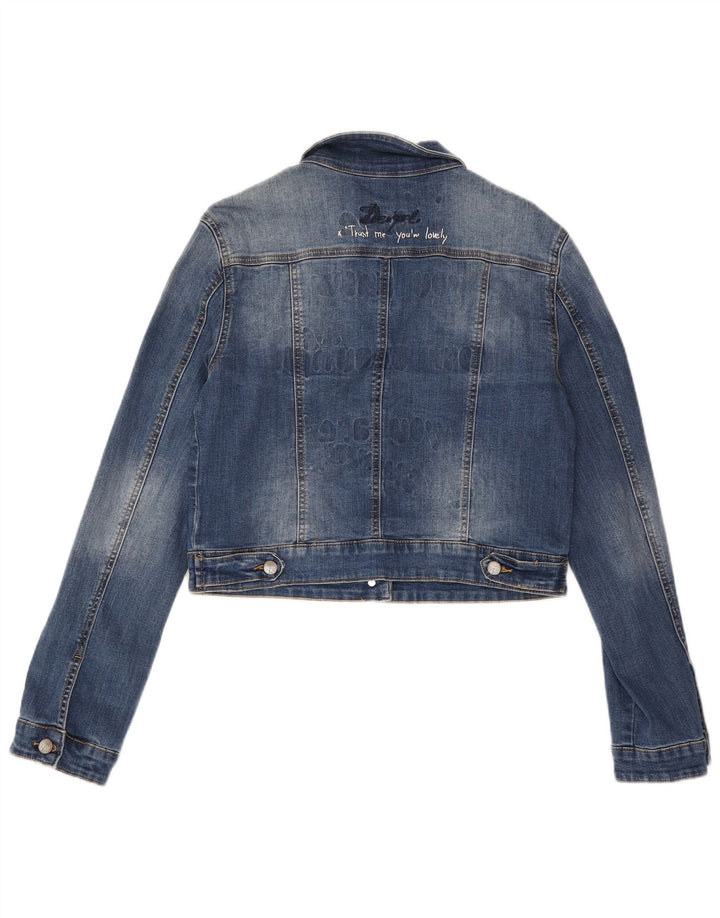 Desigual Womens Graphic Crop Denim Jacket EU 42 Large Blue Polyester