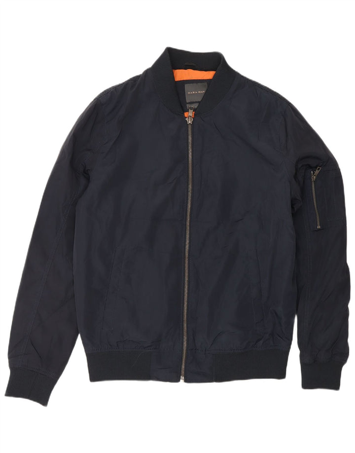 ZARA Mens Bomber Jacket UK 40 Large Navy Blue Polyester