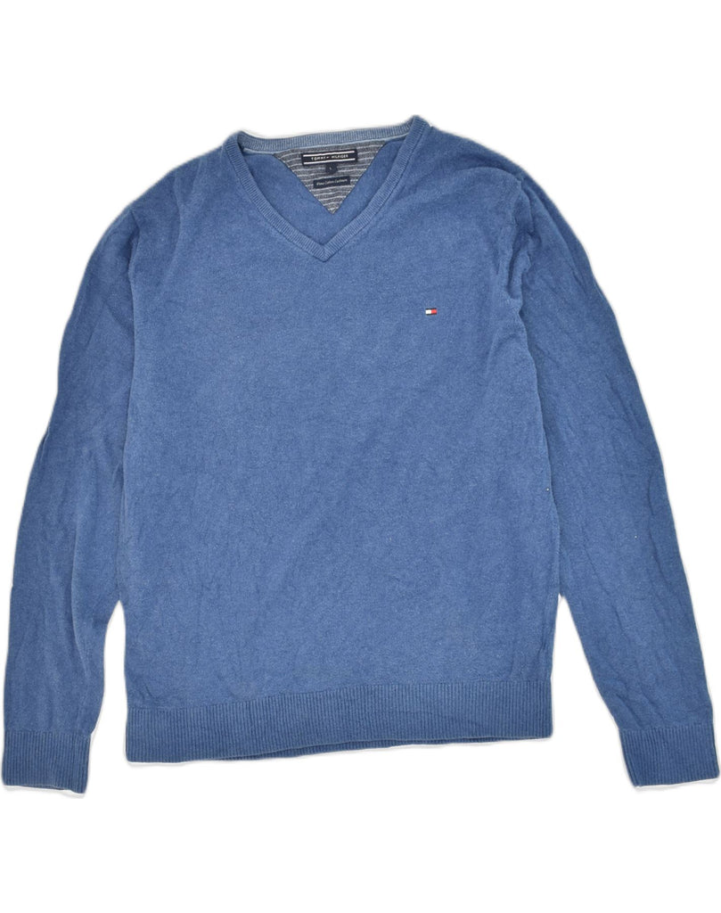 TOMMY HILFIGER Mens V-Neck Jumper Sweater Large Blue Cotton | Vintage Tommy Hilfiger | Thrift | Second-Hand Tommy Hilfiger | Used Clothing | Messina Hembry 