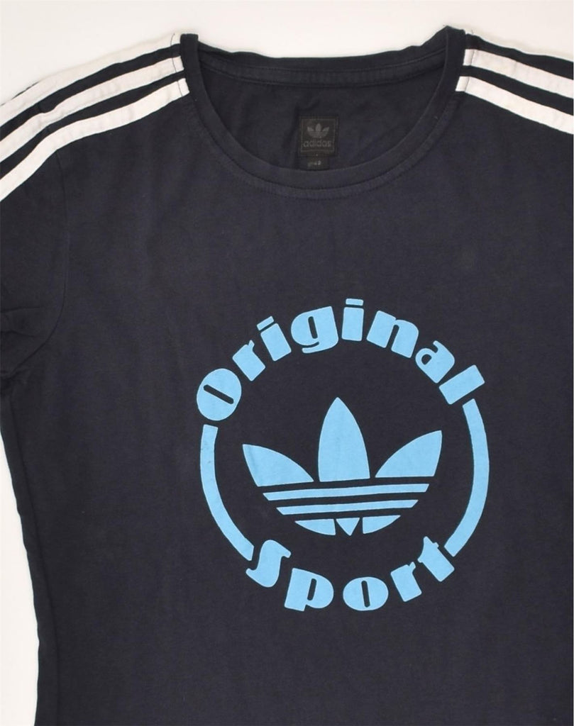 ADIDAS Womens Graphic T-Shirt Top EU 42 Medium Navy Blue Cotton | Vintage Adidas | Thrift | Second-Hand Adidas | Used Clothing | Messina Hembry 