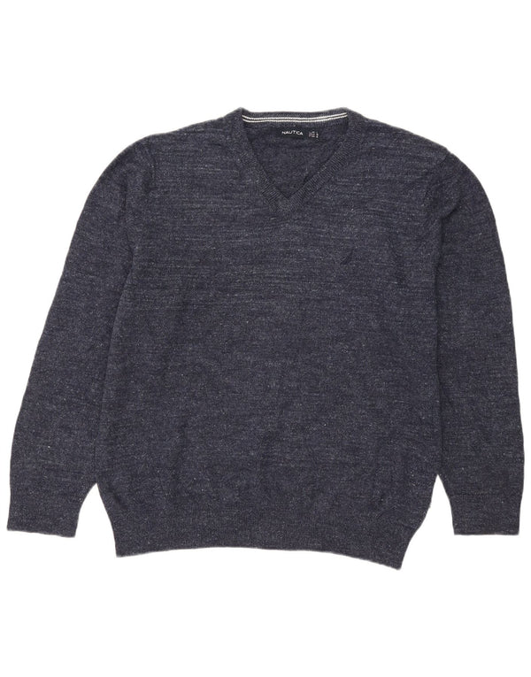 Nautica Mens V-Neck Jumper Sweater XL Navy Blue Flecked Cotton