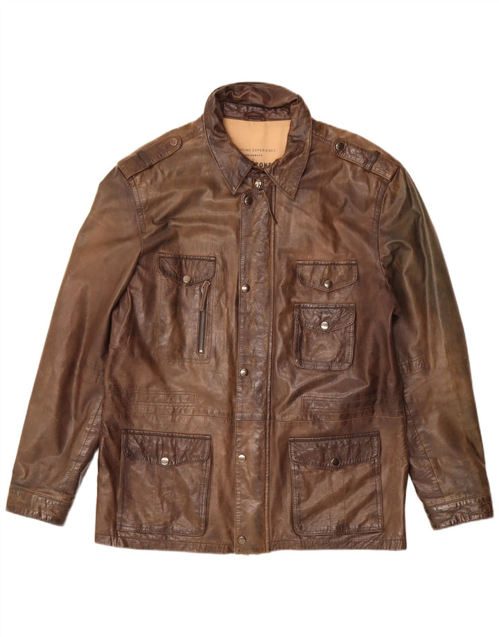 MILESTONE Mens Military Leather Jacket Size 54 XL Brown Leather