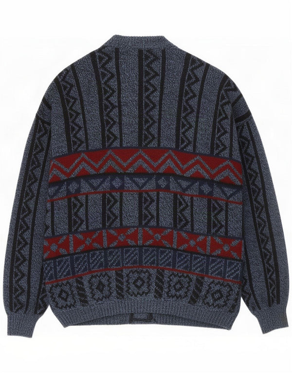 Vintage Mens Cardigan Sweater 2XL Blue Geometric Wool