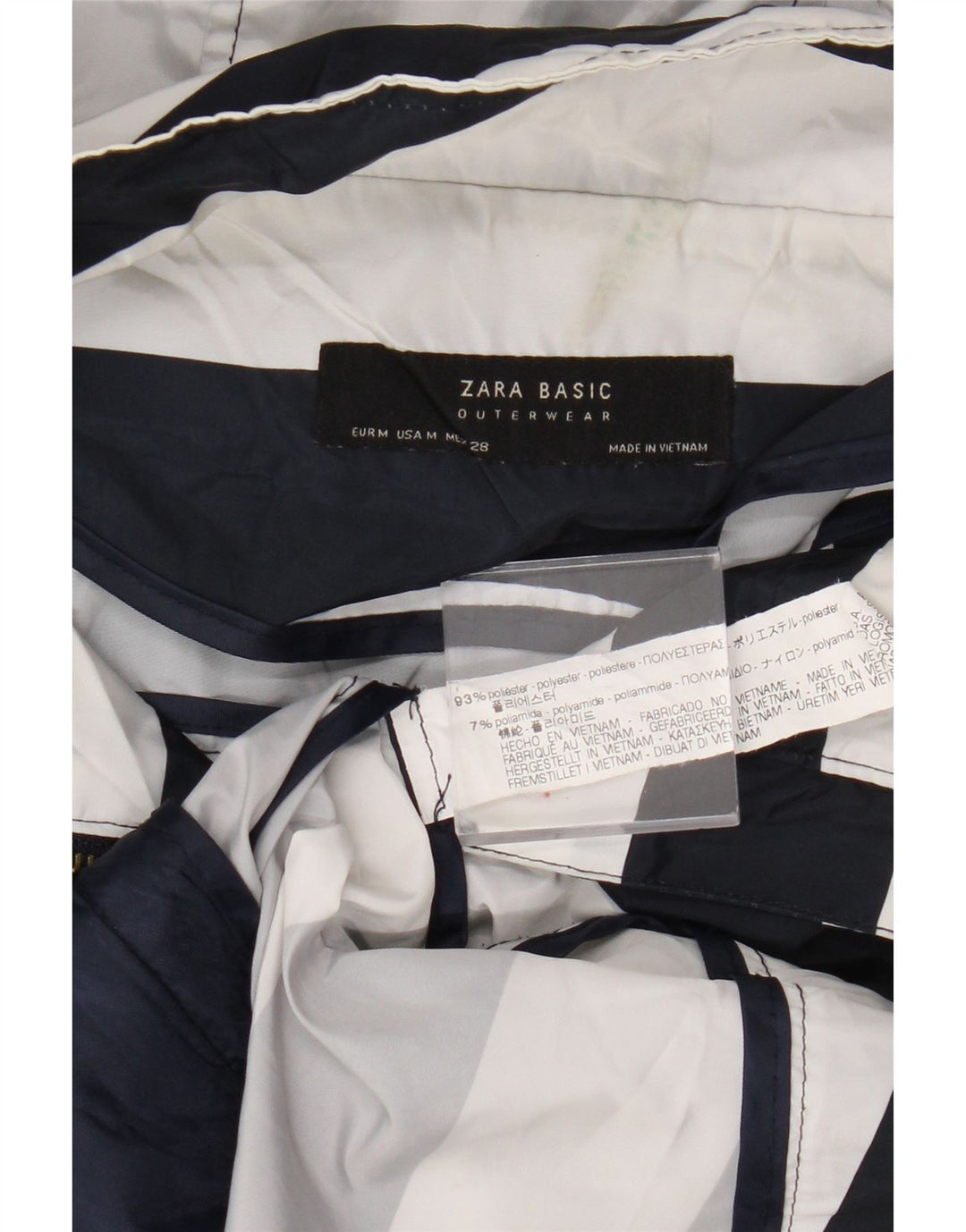 Zara Womens Hooded Rain Jacket UK 14 Medium Navy Blue Striped Polyester