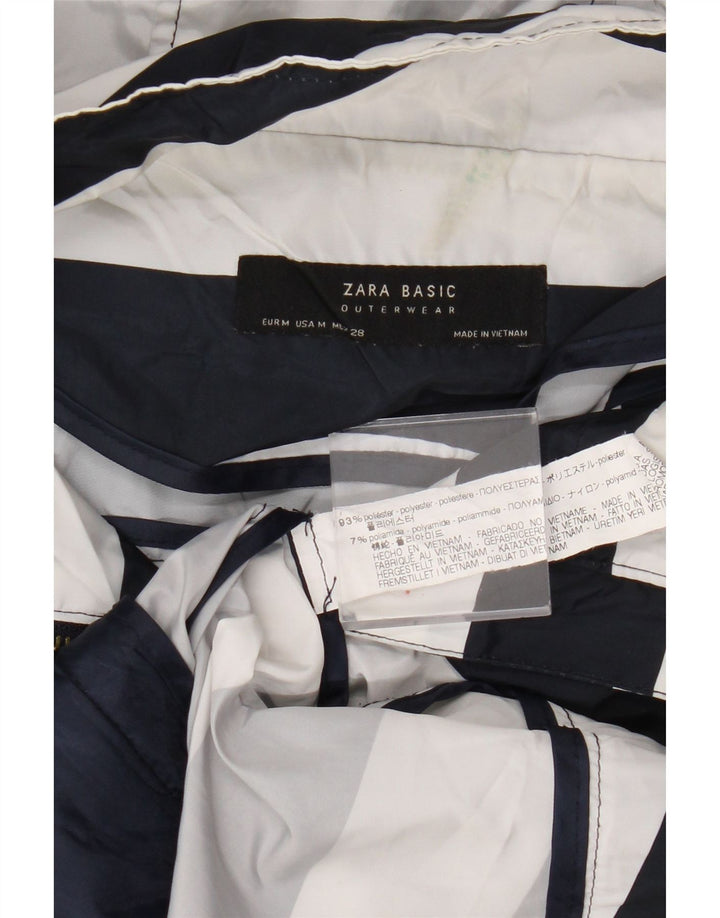 Zara Womens Hooded Rain Jacket UK 14 Medium Navy Blue Striped Polyester