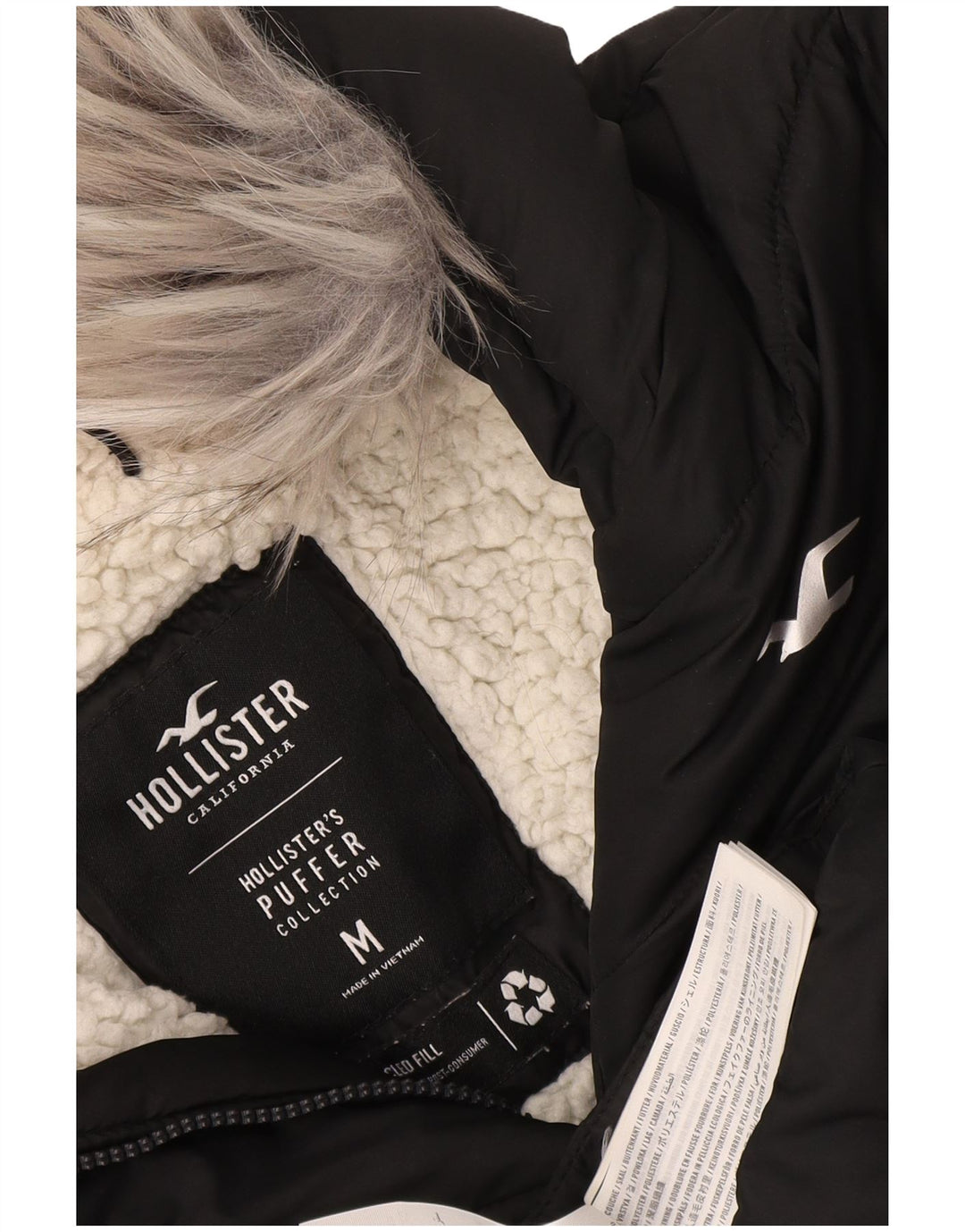 Hollister Womens Hooded Sherpa Padded Coat UK 14 Medium Black Polyester