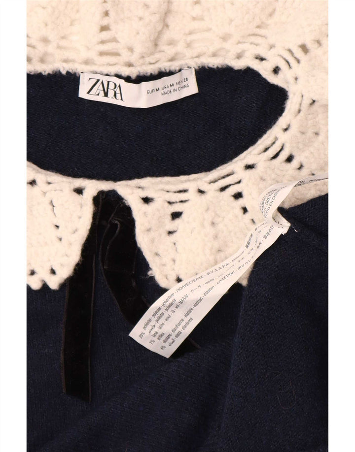 Zara Womens Knit Crop Top UK 12 Medium Navy Blue Polyester