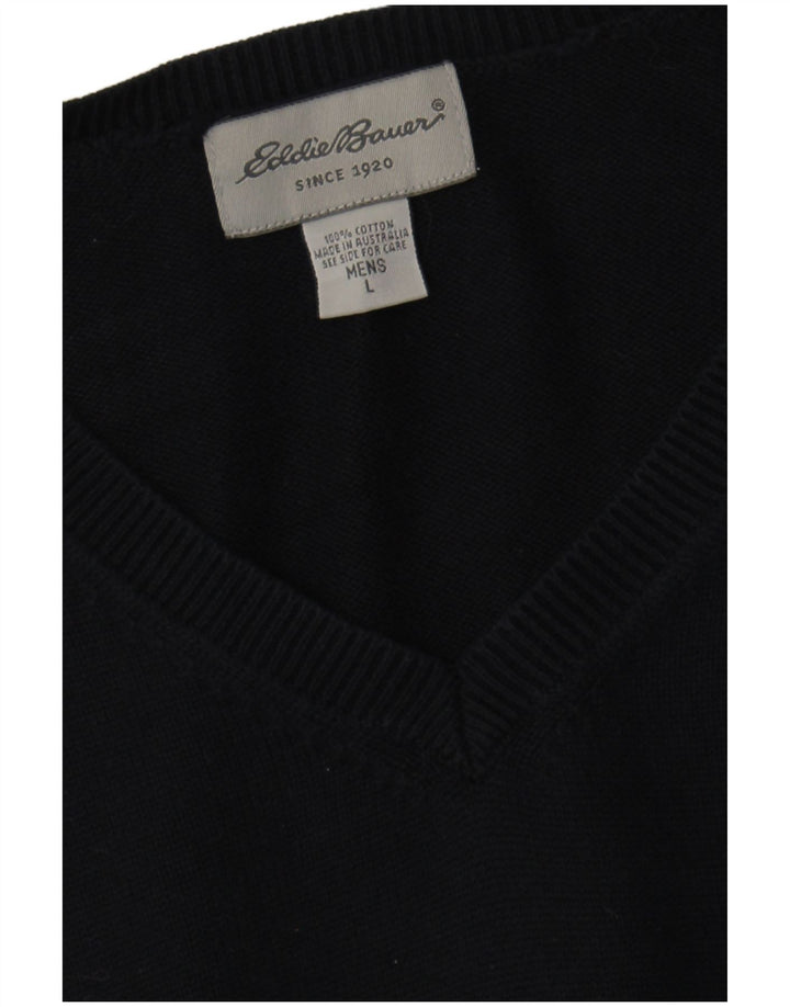 EDDIE BAUER Mens V-Neck Jumper Sweater Large Navy Blue Cotton