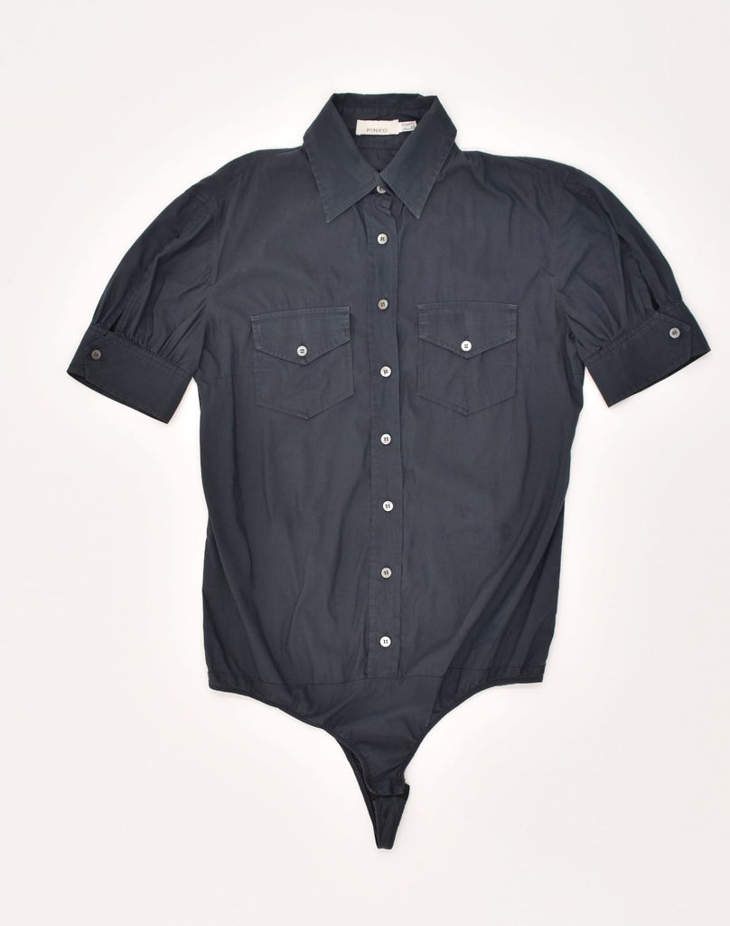 PINKO Womens Loose Fit Shirt Bodysuit UK 10 Small Navy Blue Cotton | Vintage Pinko | Thrift | Second-Hand Pinko | Used Clothing | Messina Hembry 