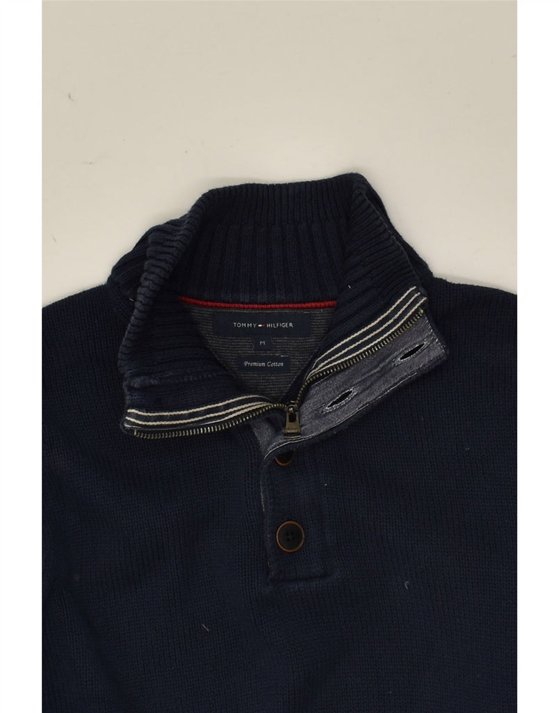 TOMMY HILFIGER Mens Zip Neck Jumper Sweater Medium Navy Blue Cotton | Vintage Tommy Hilfiger | Thrift | Second-Hand Tommy Hilfiger | Used Clothing | Messina Hembry 