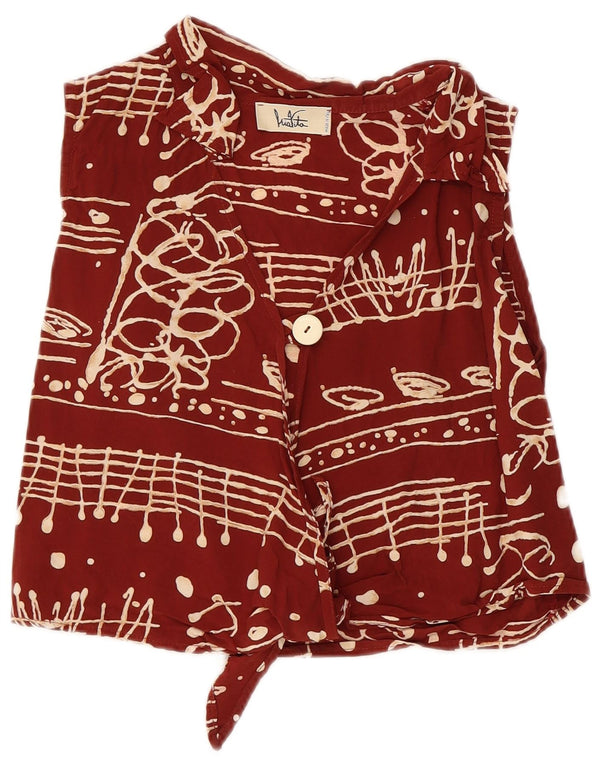Vintage Womens Front Tie Sleeveless Crop Top UK 8 Small Burgundy Geometric