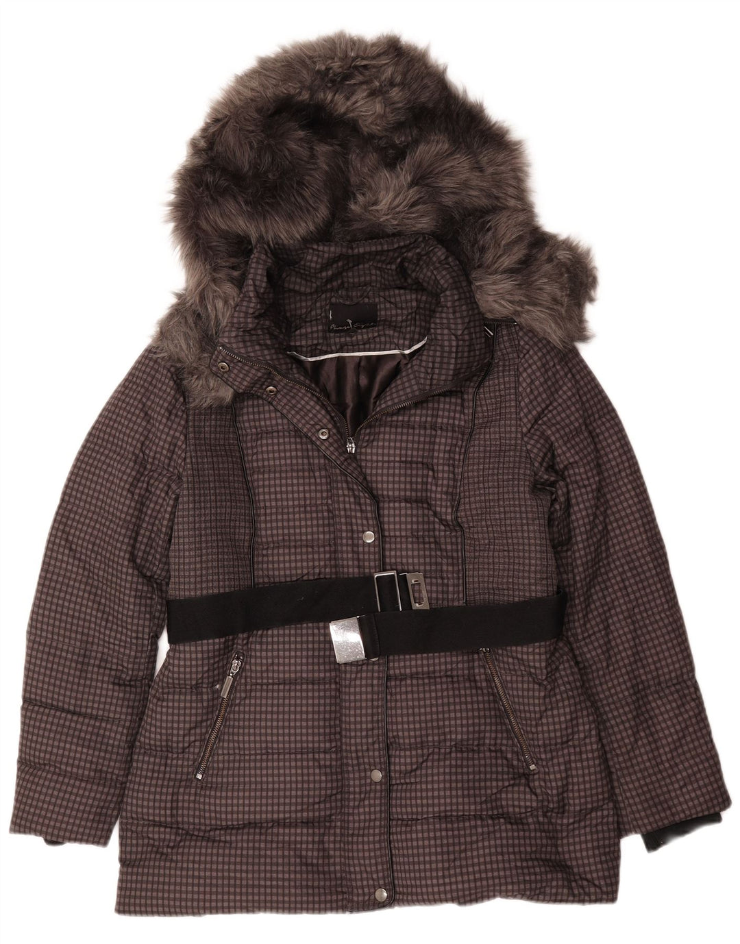 Phase Eight Womens Hooded Padded Jacket UK 16 Large Brown Check Polyester