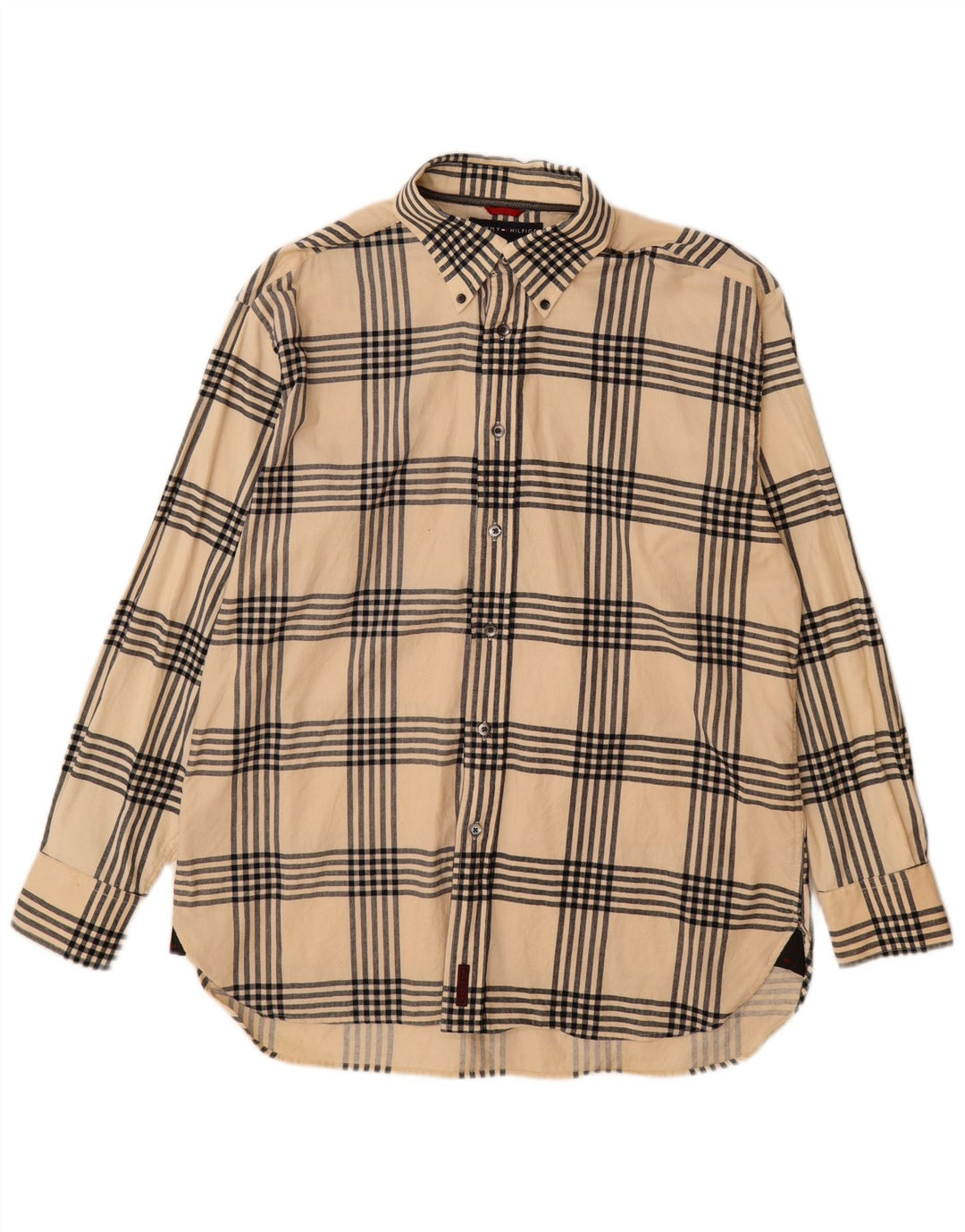 TOMMY HILFIGER Mens Shirt Large Beige Plaid Cotton