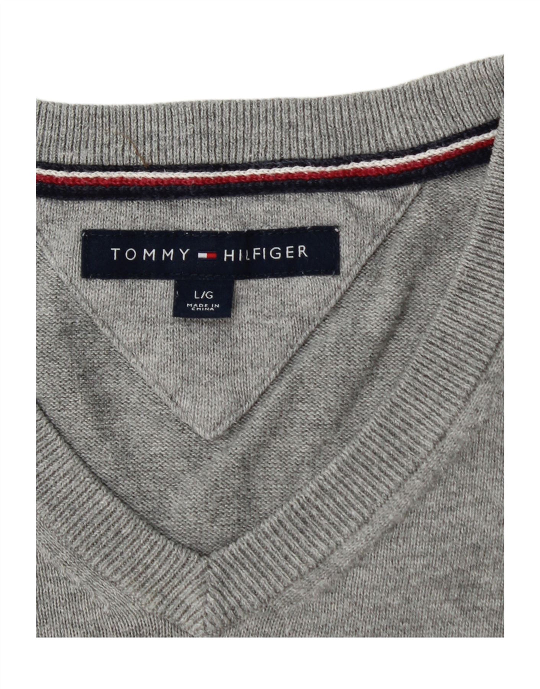 TOMMY HILFIGER Mens V-Neck Jumper Sweater Large Grey Cotton