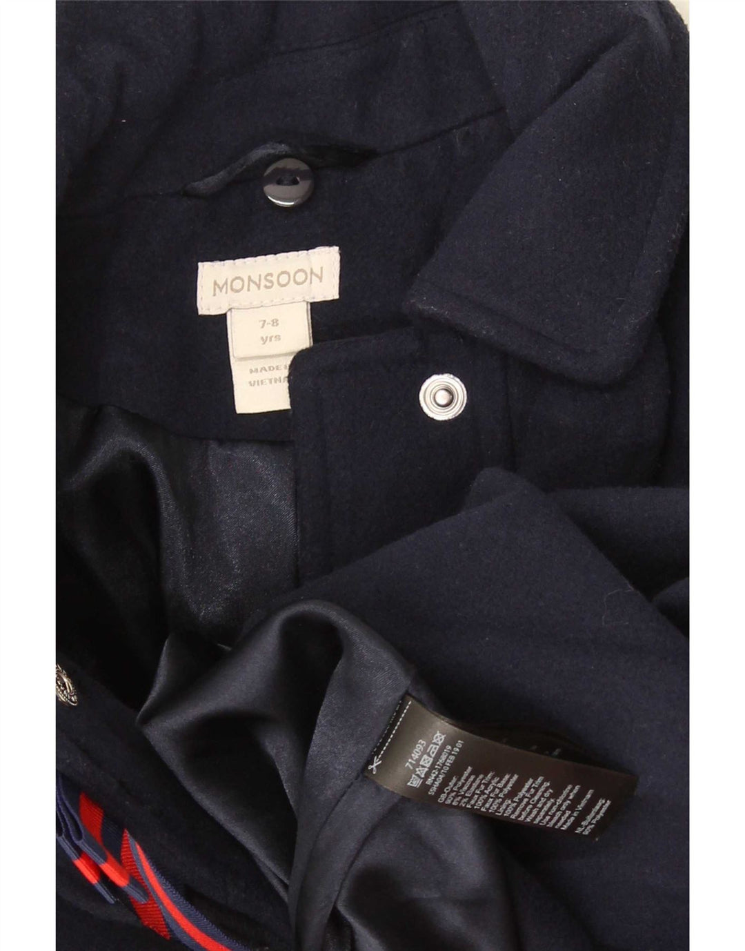 Monsoon Girls Overcoat 7-8 Years Navy Blue Colourblock Polyester