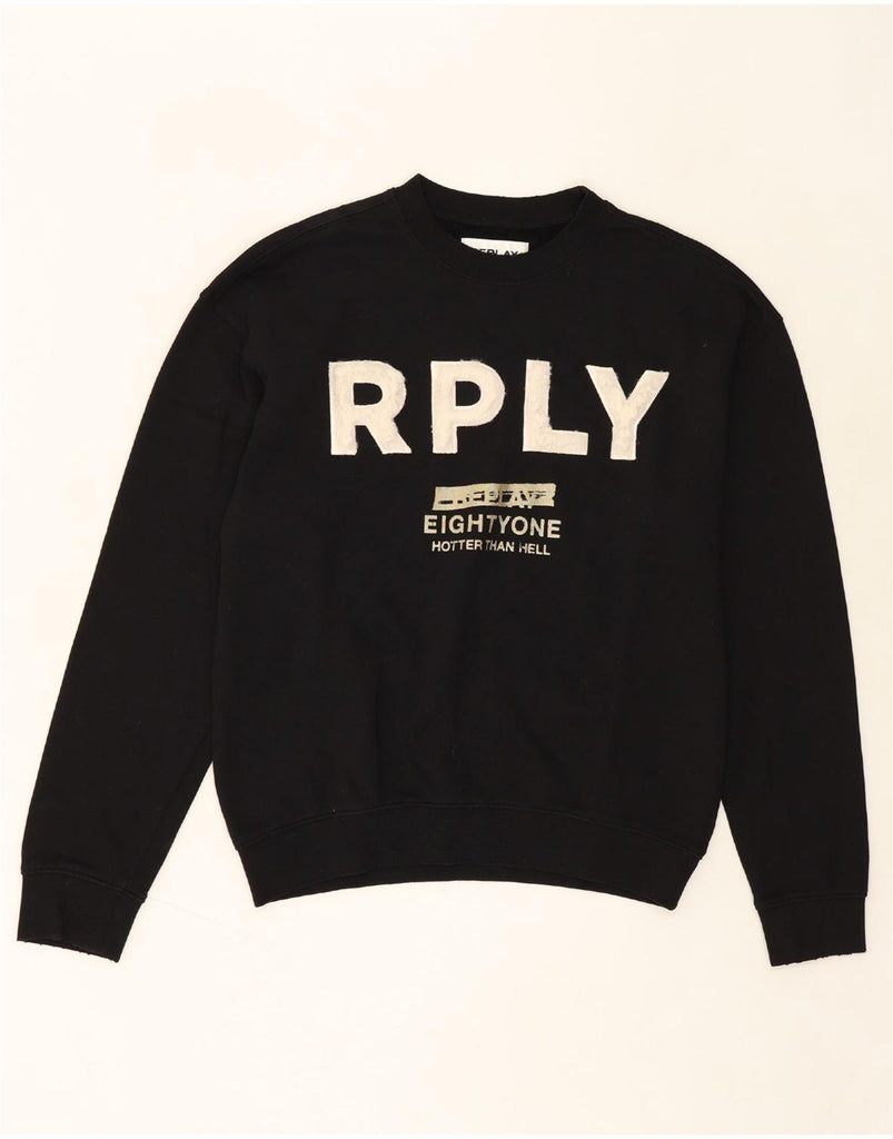 REPLAY Womens Oversized Graphic Sweatshirt Jumper UK 6 XS Black Cotton Vintage Replay and Second-Hand Replay from Messina Hembry 