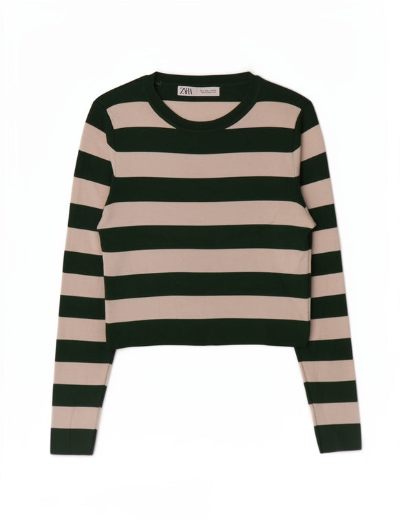 Zara Womens Crop Top Long Sleeve UK 14 Large Green Striped Viscose