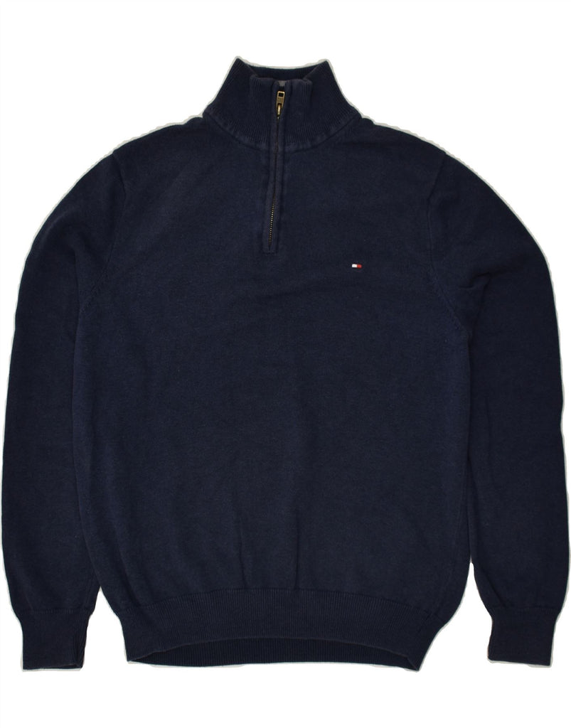 TOMMY HILFIGER Mens Zip Neck Jumper Sweater Large Navy Blue Cotton | Vintage Tommy Hilfiger | Thrift | Second-Hand Tommy Hilfiger | Used Clothing | Messina Hembry 