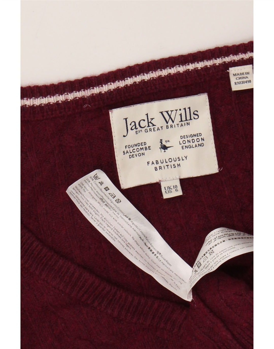 JACK WILLS Womens Crop V-Neck Jumper Sweater UK 10 Small Burgundy Cotton