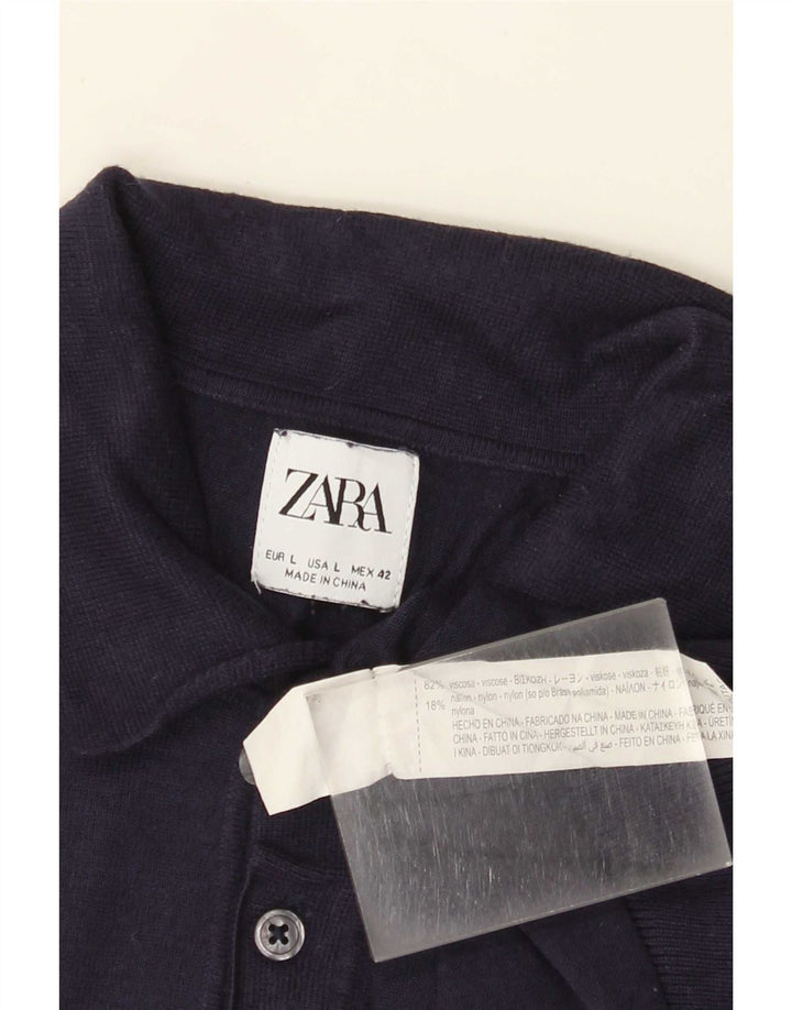 Zara Mens Polo Shirt Large Navy Blue Viscose