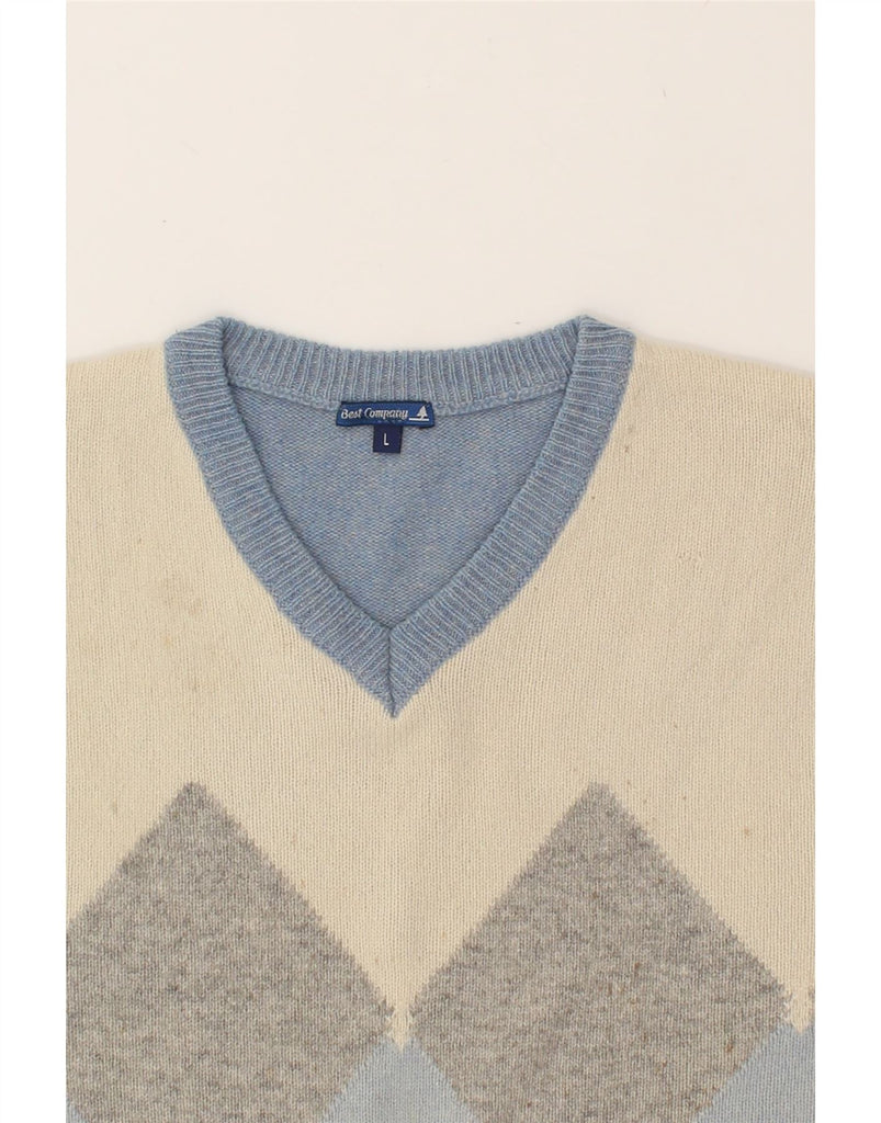 BEST COMPANY Mens V-Neck Jumper Sweater Large Blue Argyle/Diamond Wool | Vintage Best Company | Thrift | Second-Hand Best Company | Used Clothing | Messina Hembry 