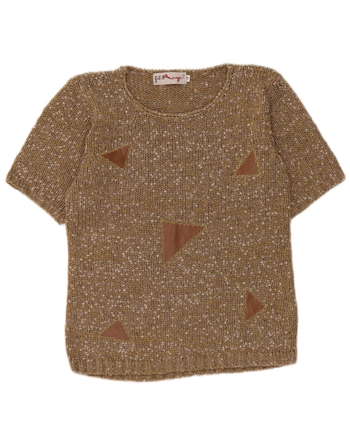 Vintage Womens Crew Neck Jumper Sweater UK 12 Medium Khaki Flecked