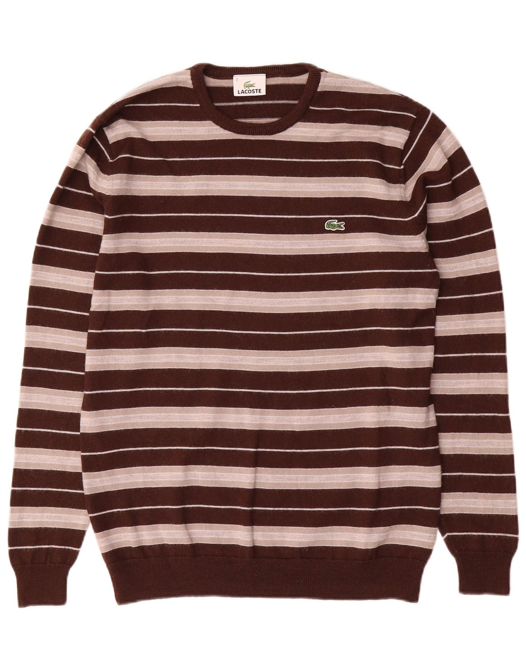 Lacoste Mens Crew Neck Jumper Sweater Size 3 Small Brown Striped Wool