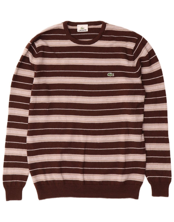 Lacoste Mens Crew Neck Jumper Sweater Size 3 Small Brown Striped Wool