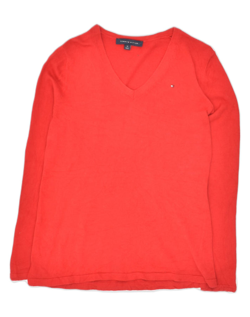 TOMMY HILFIGER Womens V-Neck Jumper Sweater UK 12 Medium Red Cotton | Vintage Tommy Hilfiger | Thrift | Second-Hand Tommy Hilfiger | Used Clothing | Messina Hembry 