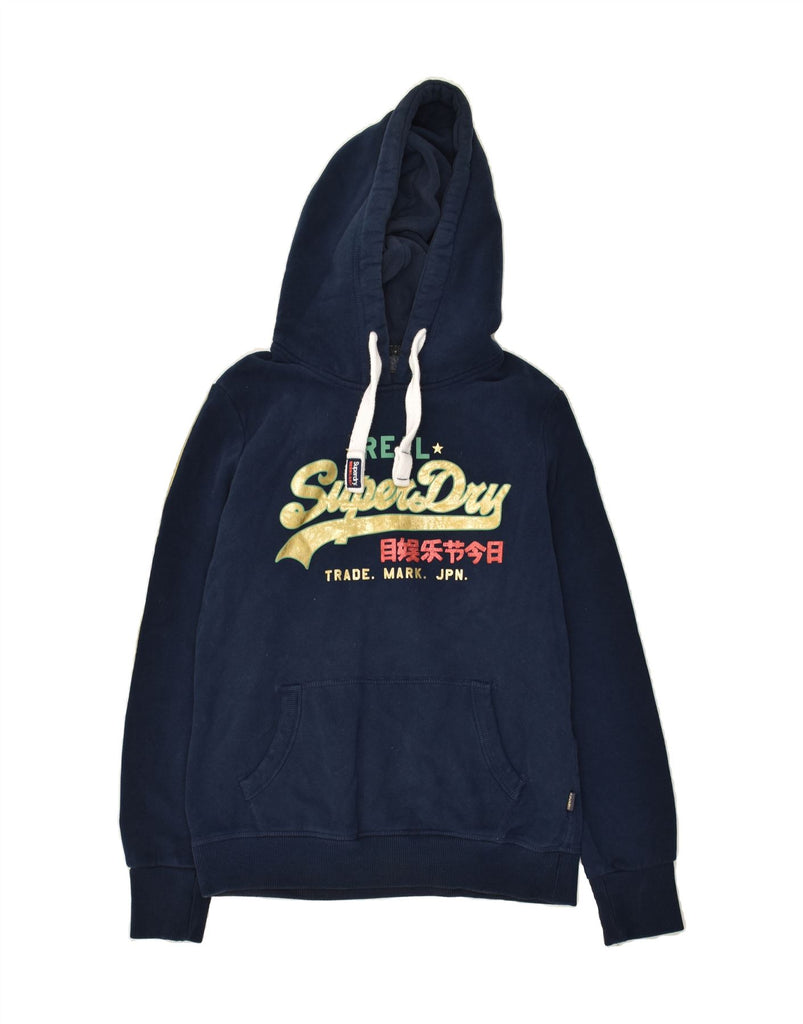 SUPERDRY Womens Graphic Hoodie Jumper UK 12 Medium Navy Blue Colourblock | Vintage Superdry | Thrift | Second-Hand Superdry | Used Clothing | Messina Hembry 