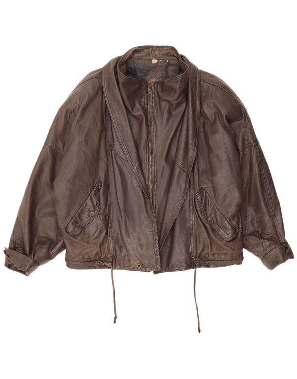 Vintage Womens Crop Oversized Leather Jacket IT 52 2XL Brown Leather