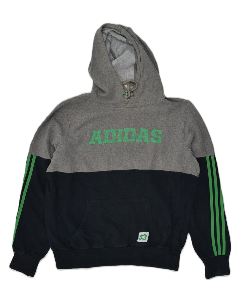 ADIDAS Mens Graphic Hoodie Jumper UK 40/42 Medium Grey Colourblock Cotton | Vintage Adidas | Thrift | Second-Hand Adidas | Used Clothing | Messina Hembry 