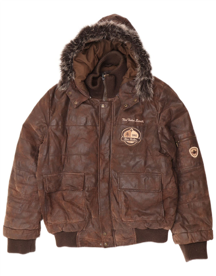 Tom Tailor Mens Graphic Hooded Leather Jacket UK 38 Medium Brown Leather
