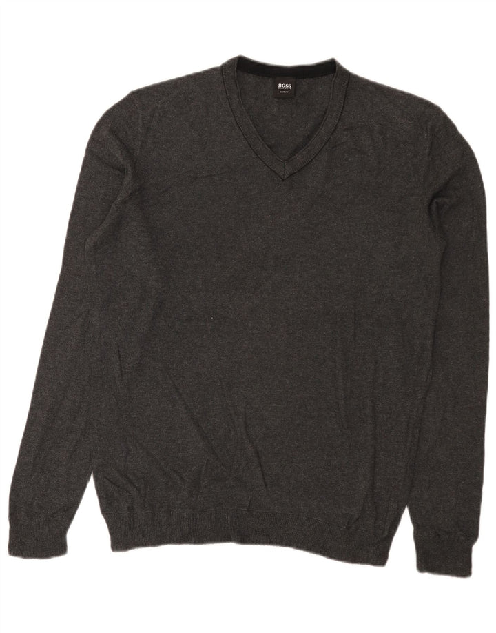 Hugo Boss Mens Slim Fit V-Neck Jumper Sweater Medium Grey Cotton