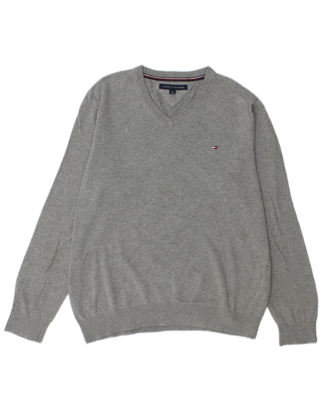 TOMMY HILFIGER Mens V-Neck Jumper Sweater Large Grey Cotton