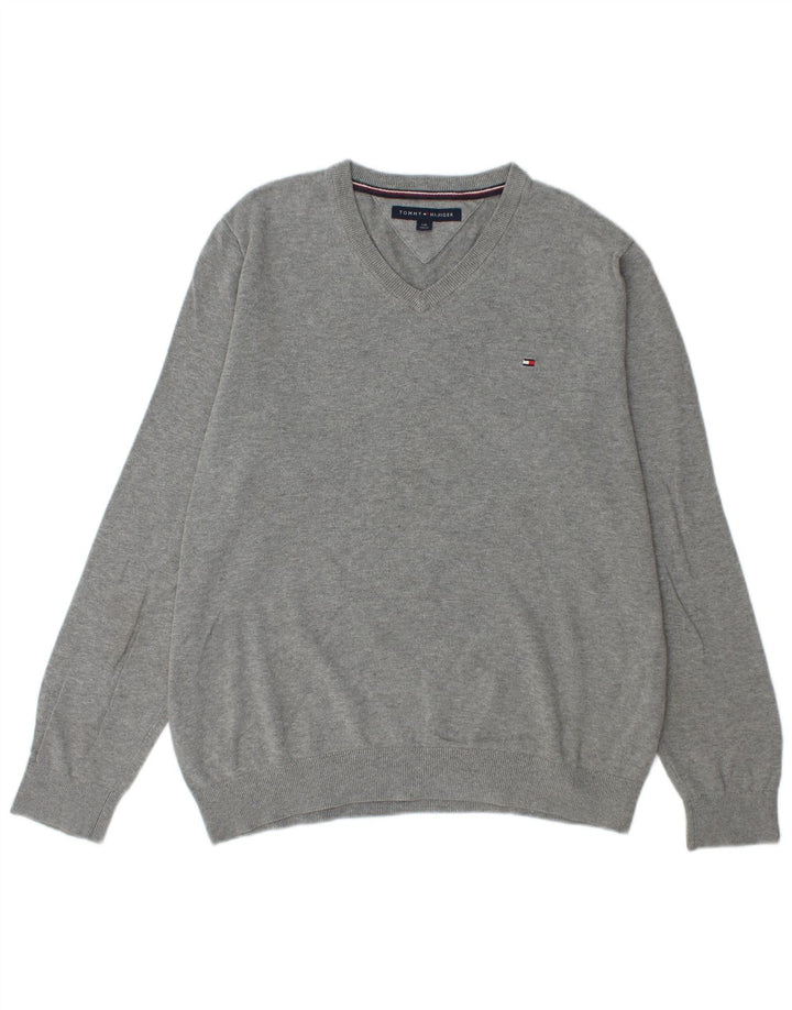 TOMMY HILFIGER Mens V-Neck Jumper Sweater Large Grey Cotton