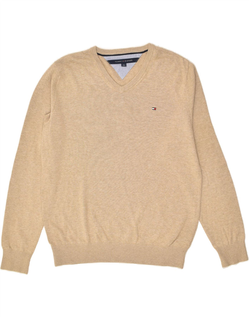 TOMMY HILFIGER Mens V-Neck Jumper Sweater Medium Beige Cotton | Vintage Tommy Hilfiger | Thrift | Second-Hand Tommy Hilfiger | Used Clothing | Messina Hembry 