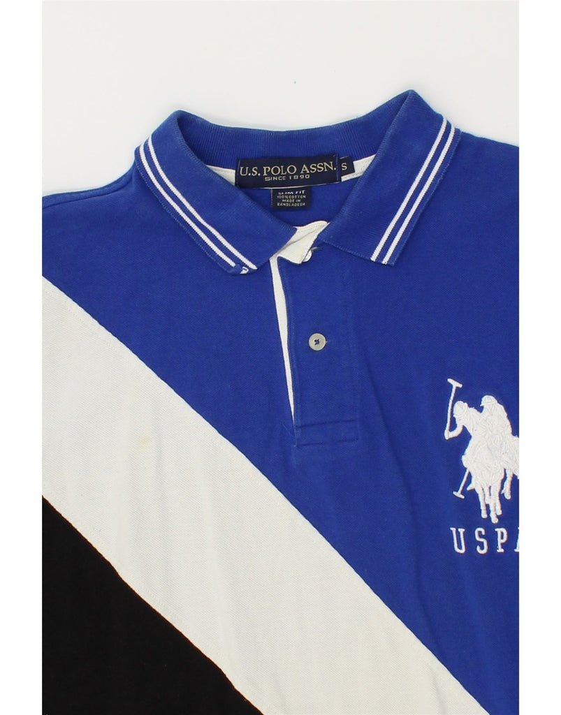 US POLO ASSN Mens Slim Fit Graphic Rugby Polo Shirt Small Blue Colourblock Vintage US Polo Assn and Second-Hand US Polo Assn from Messina Hembry 
