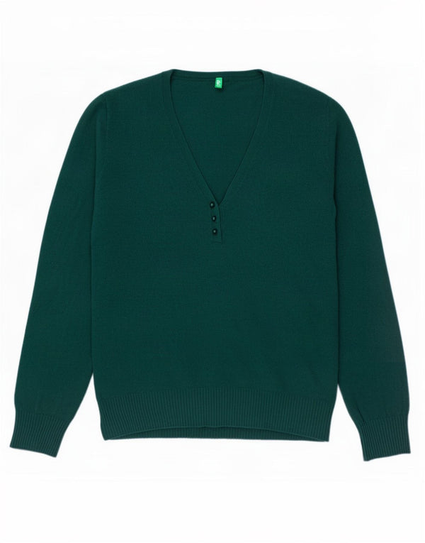 Benetton Womens V-Neck Jumper Sweater UK 16 Large Green Wool
