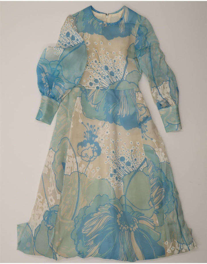 Vintage Womens Long Sleeve Maxi Dress UK 12 Medium Blue Floral