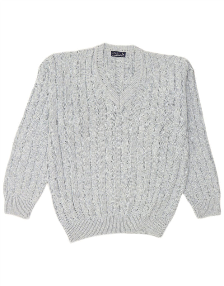 Nanuk  Mens V-Neck Jumper Sweater Medium Blue Cotton