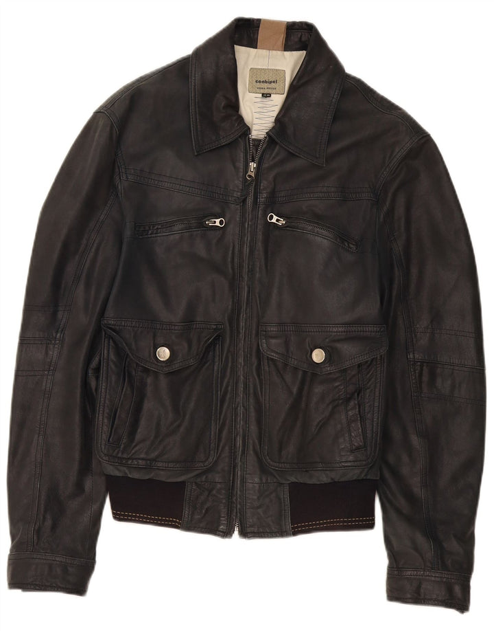 Conbipel Mens Bomber Leather Jacket IT 48 Medium Black Leather