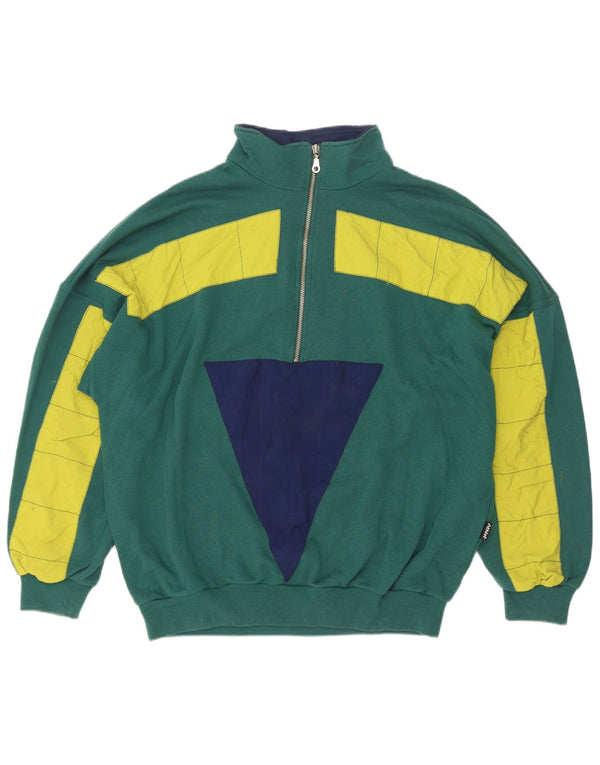 Vintage Mens Zip Neck Sweatshirt Jumper XL Green Colourblock Cotton