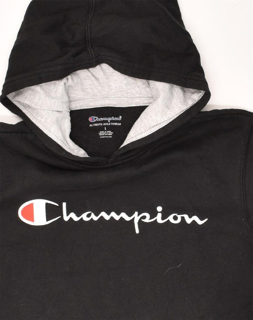 CHAMPION Womens Graphic Hoodie Jumper UK 14 Large Black Cotton | Vintage Champion | Thrift | Second-Hand Champion | Used Clothing | Messina Hembry 