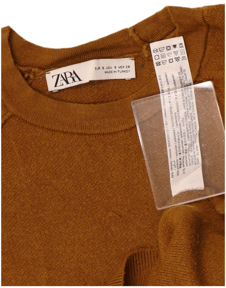 ZARA Womens Crop Oversized Crew Neck Jumper Sweater UK 10 Small Brown
