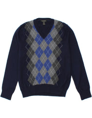 BANANA REPUBLIC Mens V-Neck Jumper Sweater Large Navy Blue Argyle/Diamond