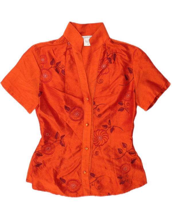 NARACAMICEE Womens Short Sleeve Shirt Blouse UK 12 Medium Orange Silk
