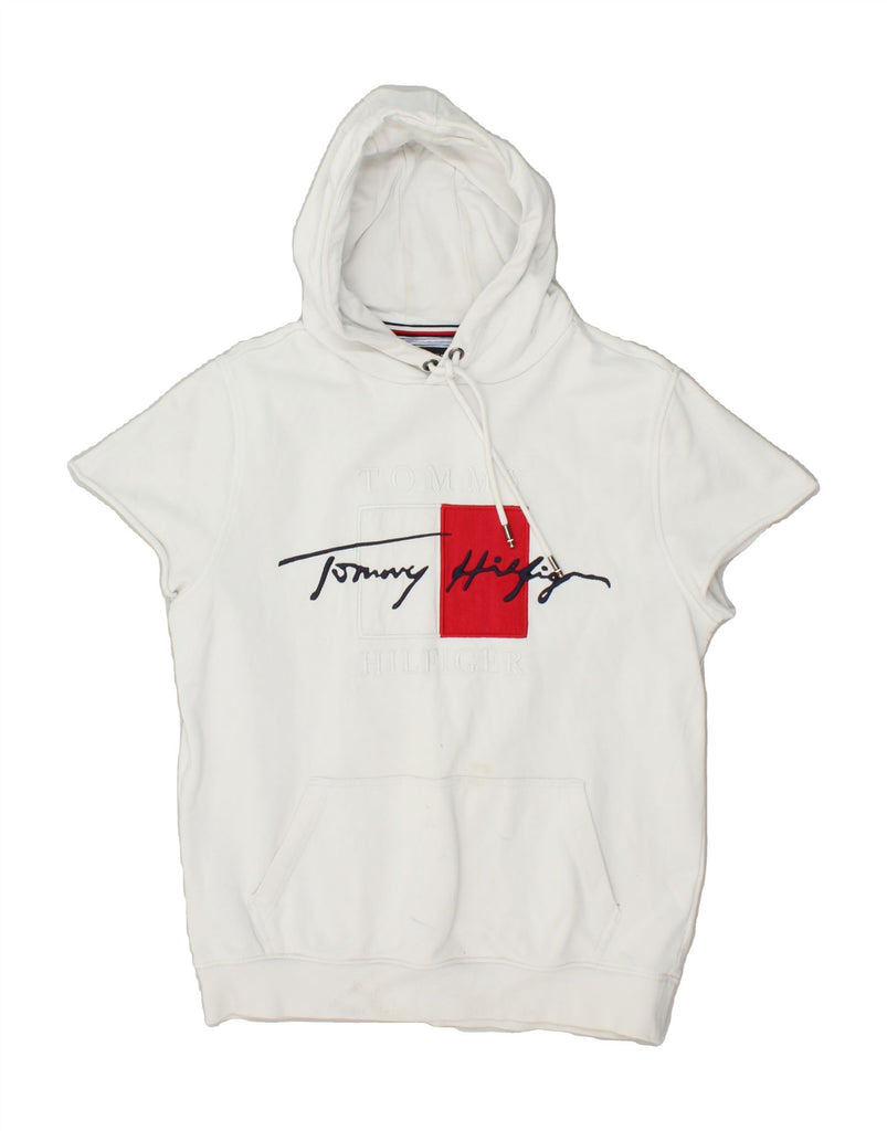 TOMMY HILFIGER Womens Graphic Short Sleeve Hoodie Jumper UK 10 Small White | Vintage Tommy Hilfiger | Thrift | Second-Hand Tommy Hilfiger | Used Clothing | Messina Hembry 