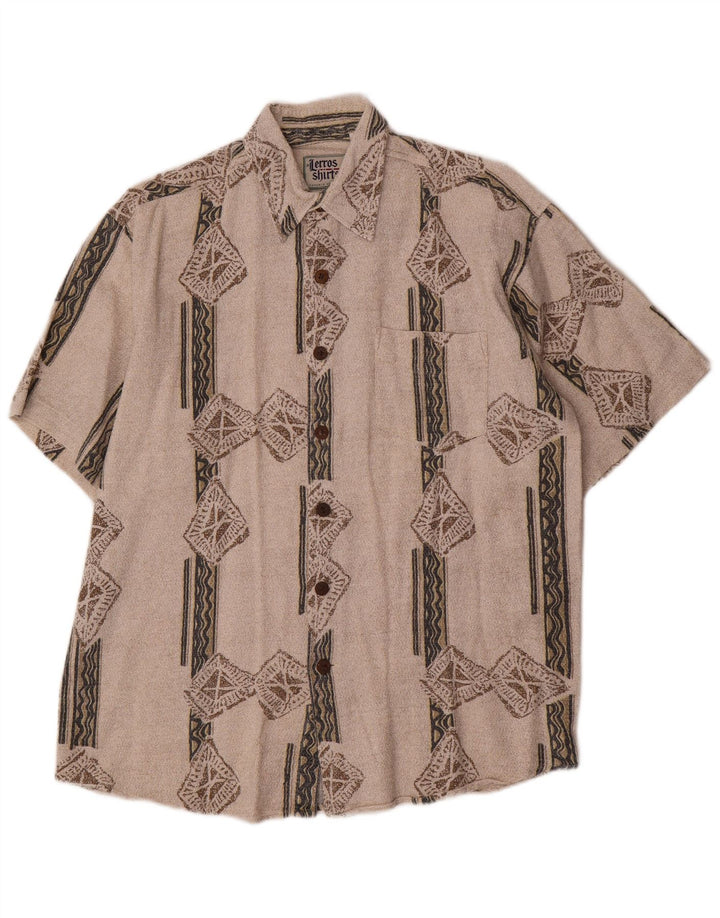 Lerros Mens Short Sleeve Shirt Medium Beige Geometric Cotton